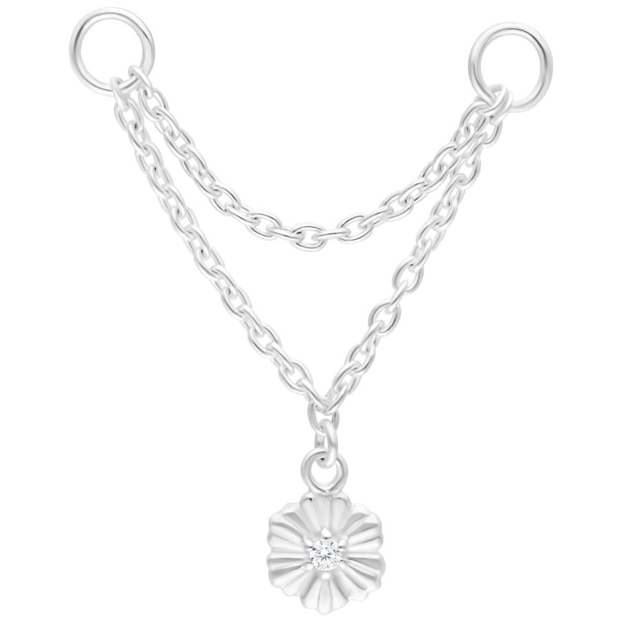 Silberne Hibiskus Piercingkette mit zwei Ketten und Blume auf weißem Hintergrund