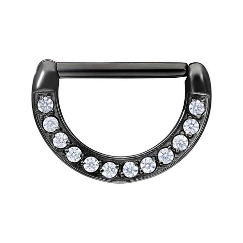 Schwarzer Nipple Clicker aus Chirurgenstahl mit klaren Kristallen auf weißem Hintergrund