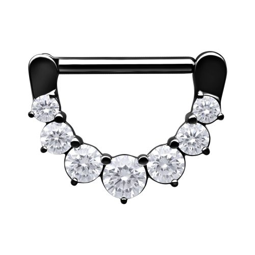 Schwarzer Nipple Clicker mit fünf klaren Kristallen auf weißem Hintergrund