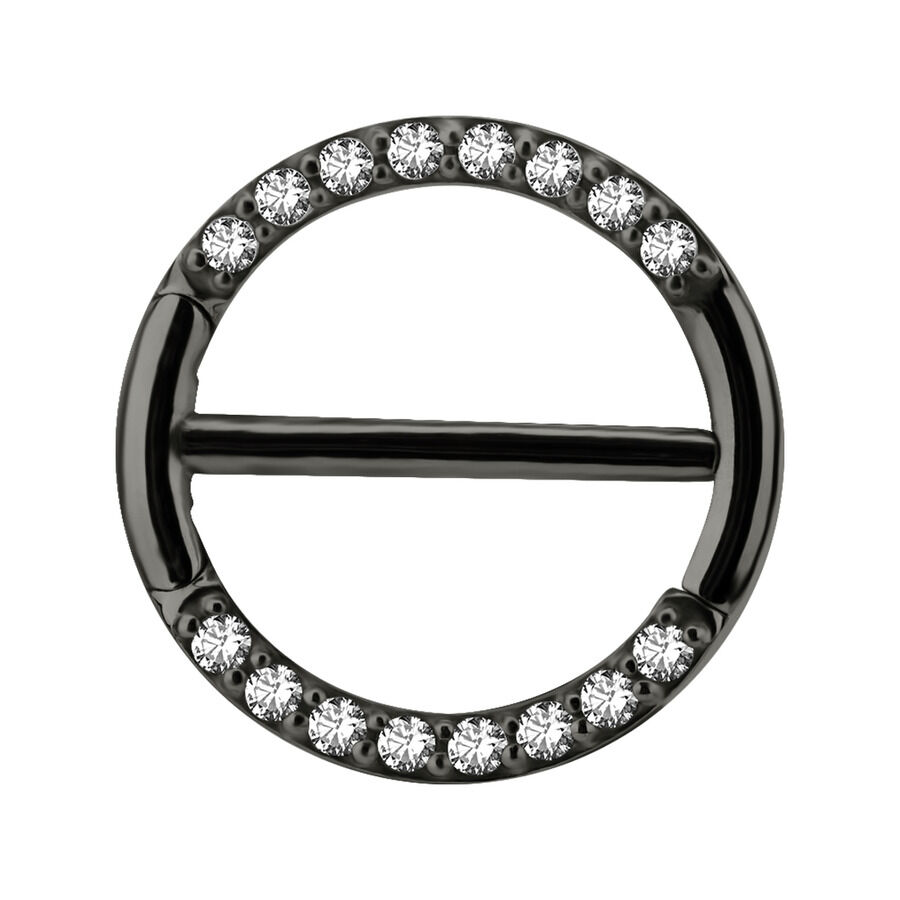 Schwarzer Pave Nipple Clicker mit klaren Kristallen auf weißem Hintergrund