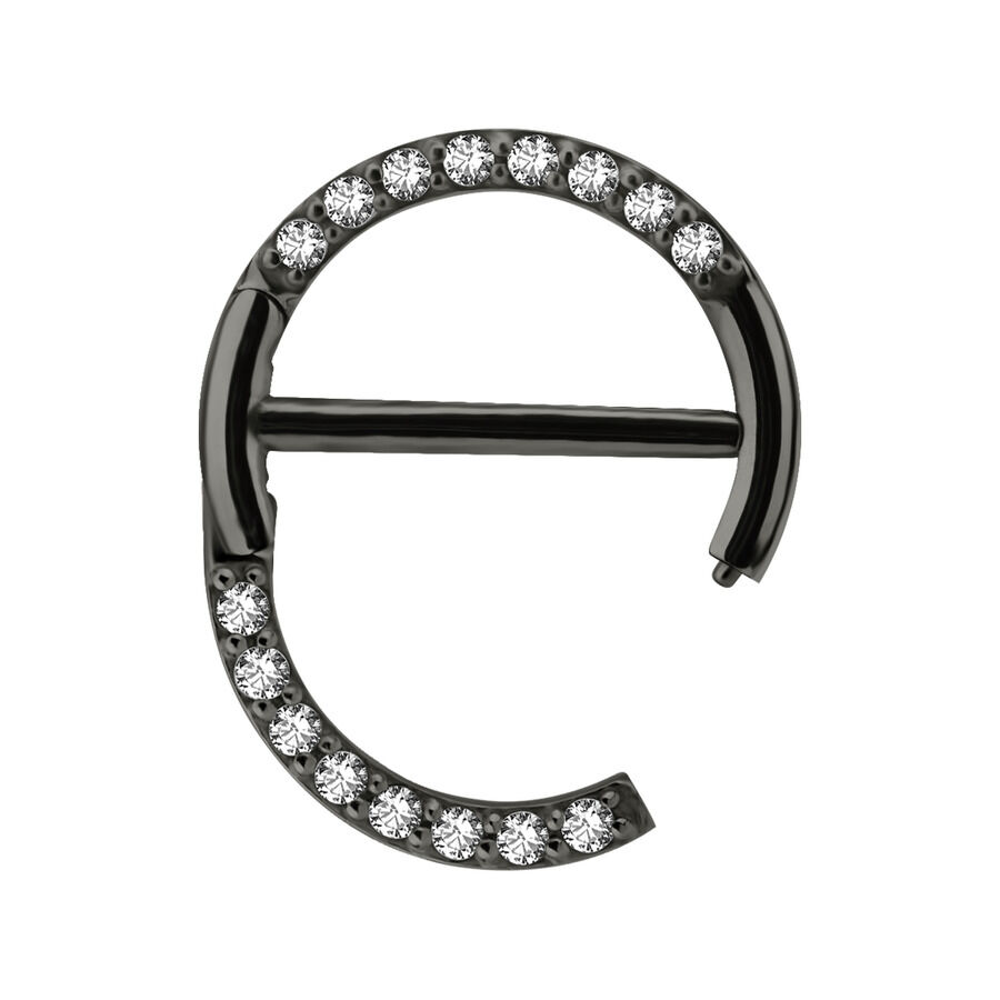 Schwarzer Nipple Clicker mit klaren Pavé-Kristallen auf weißem Hintergrund