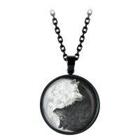 Runde Kette mit schwarzem und weißem Wolfsmotiv, schwarzer Edelstahl
