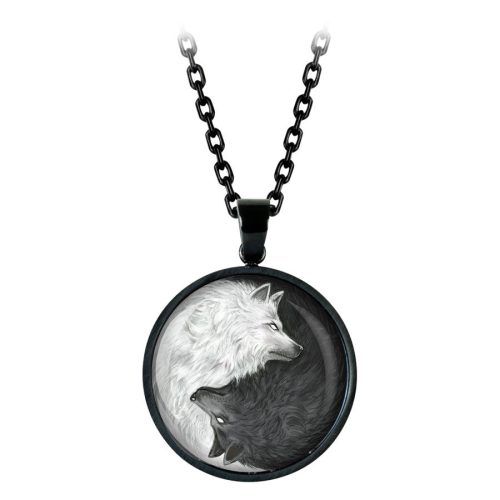 Runde Kette mit schwarzem und weißem Wolfsmotiv, schwarzer Edelstahl