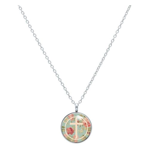 Silberne Kette mit rundem Anhänger, Kreuzmotiv und Rosen auf mintfarbenem Hintergrund