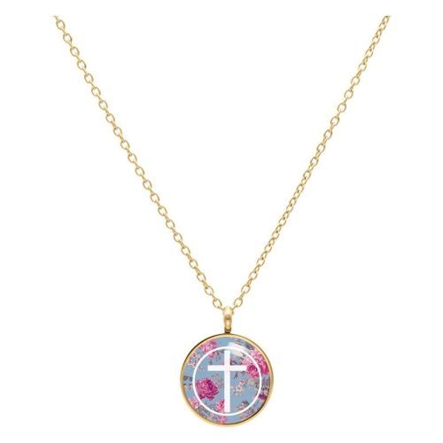 Goldene Kette mit blauem Anhänger und Kreuzdesign auf weißem Hintergrund