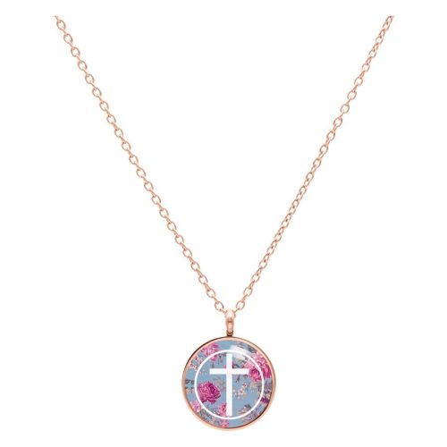 Kette mit rundem Anhänger in Roségold, blauem Hintergrund und Kreuzmotiv mit Rosen