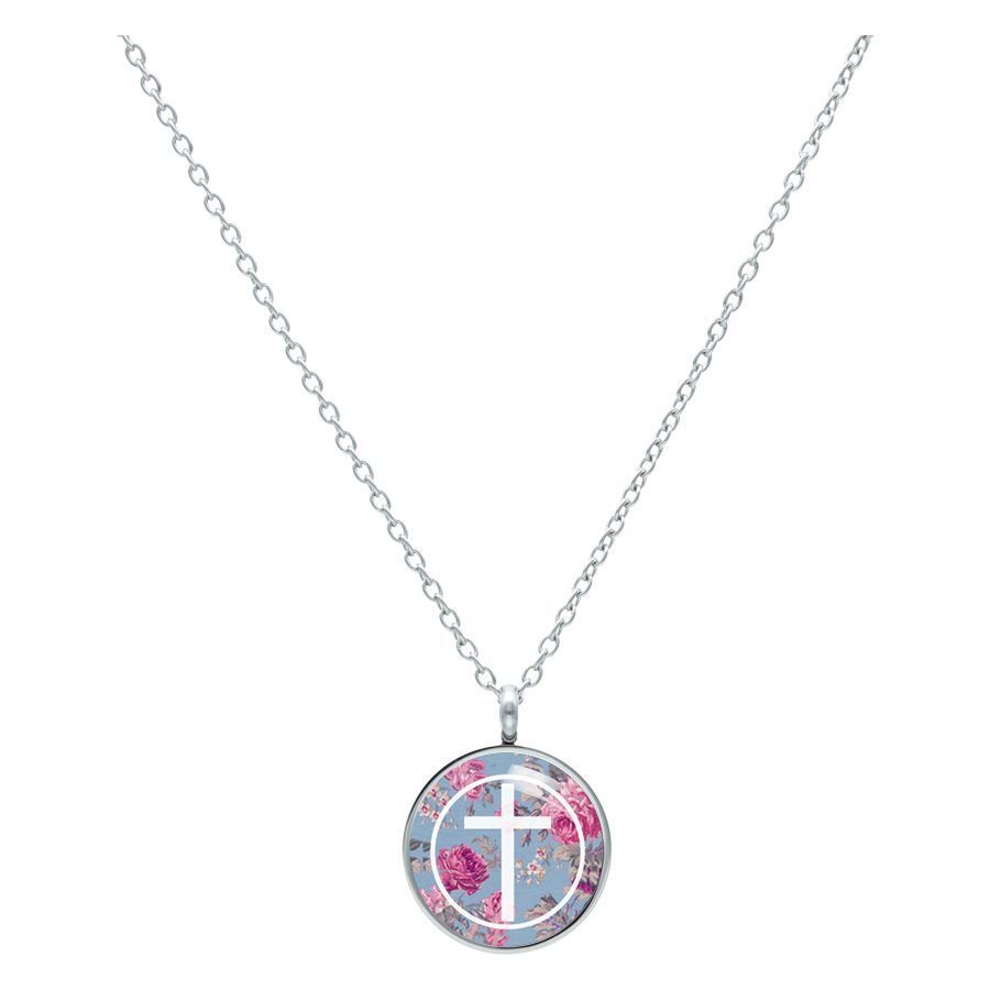 Silberne Kette mit rundem Anhänger, blauem Hintergrund und rosa Rosenmuster