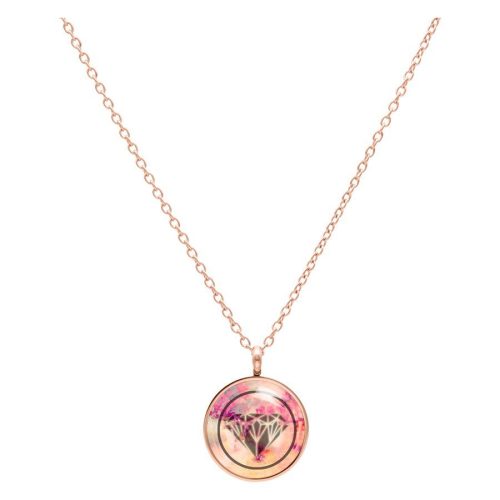 Roségoldene Kette mit rundem Anhänger, Diamantmuster, weißer Hintergrund