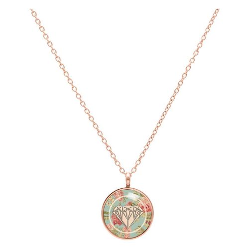 Roségoldene Halskette mit rundem Anhänger, mintgrüner Hintergrund und Diamantmuster