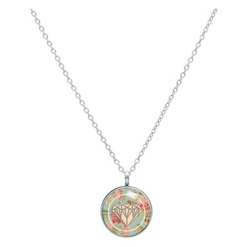 Silberne Kette mit rundem Anhänger, mintfarbene Basis mit Rosen und Diamantmotiv