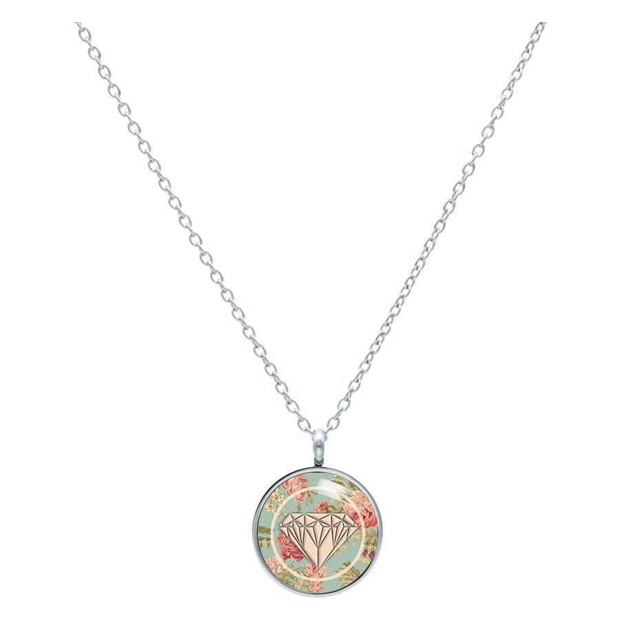 Silberne Kette mit rundem Anhänger, mintfarbene Basis mit Rosen und Diamantmotiv