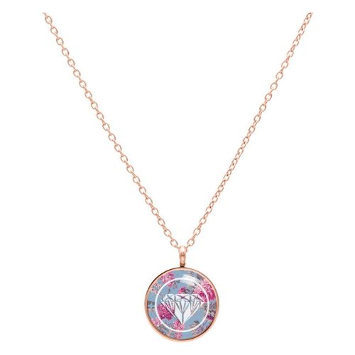 Roségoldene Kette mit rundem Anhänger und blauem Diamant-Rosen-Design auf weißem Hintergrund