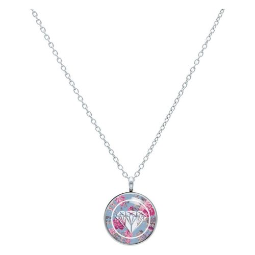 Silberne Kette mit rundem Anhänger, verziert mit blauen und rosa Blumenmuster auf weißem Hintergrund