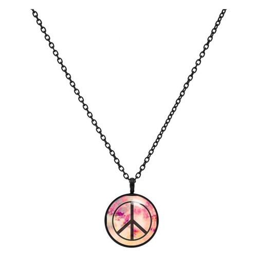 Schwarze Kette mit rundem, pinkem Peace-Zeichen-Anhänger auf weißem Hintergrund