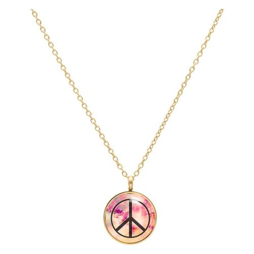 Goldene Kette mit Peace-Anhänger in Schwarz und Pink auf weißem Hintergrund