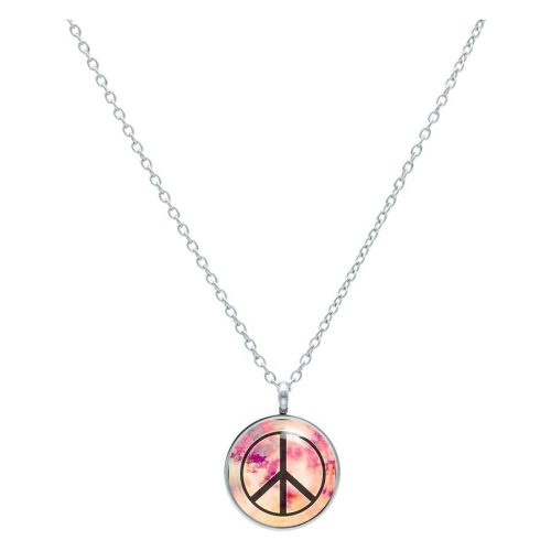 Silberne Kette mit Peace-Anhänger in Schwarz und Pink auf weißem Hintergrund