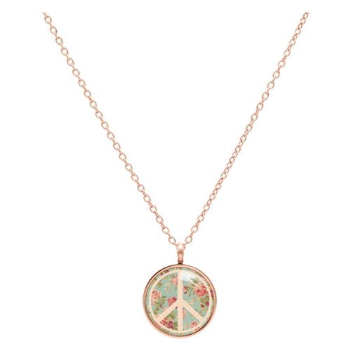 Roségoldene Kette mit mintfarbenem Peace-Anhänger und Blumenmuster