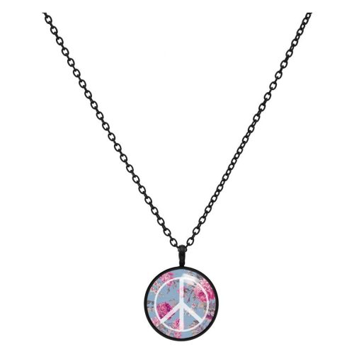 Schwarze Kette mit rundem Anhänger, Peace-Zeichen, blaue und rosa Details auf weißem Hintergrund