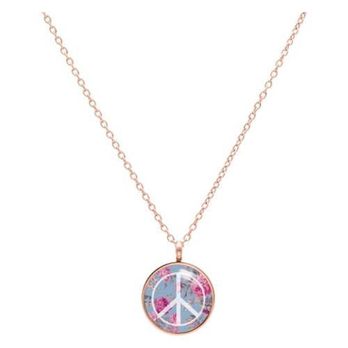 Roségoldene Kette mit blauem Peace-Anhänger auf weißem Hintergrund