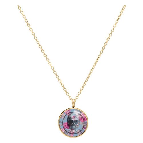 Goldene Kette mit rundem Anhänger, Totenkopf und Rosenmotiv