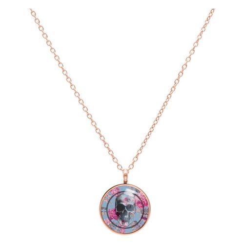 Kette mit Totenkopf und Rosenmotiv in Roségold auf weißem Hintergrund