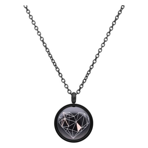 Schwarze Kette mit geometrischem Herzanhänger vor neutralem Hintergrund