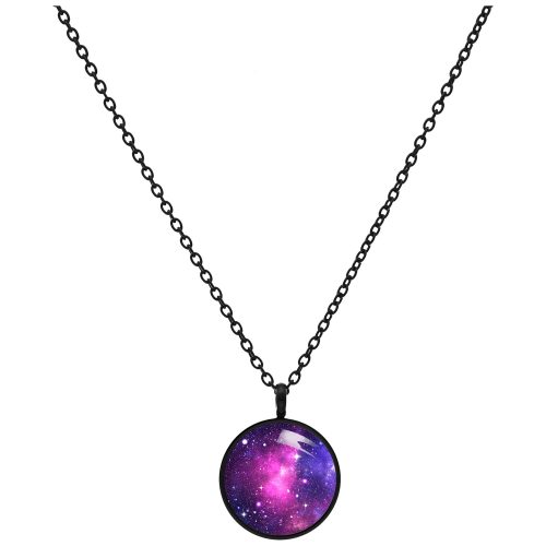 Schwarze Kette mit rundem Anhänger und pinkem Galaxie-Motiv