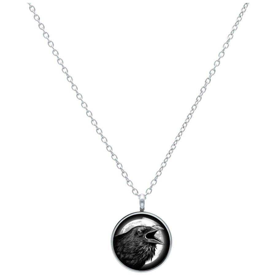 Silberne Kette mit rundem Anhänger und Rabenmotiv auf weißem Hintergrund