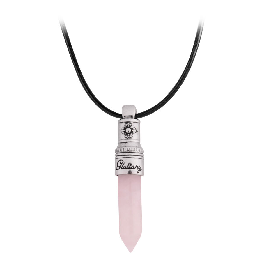 Rosa Gluttony Kette mit silbernem Anhänger und schwarzem Lederband