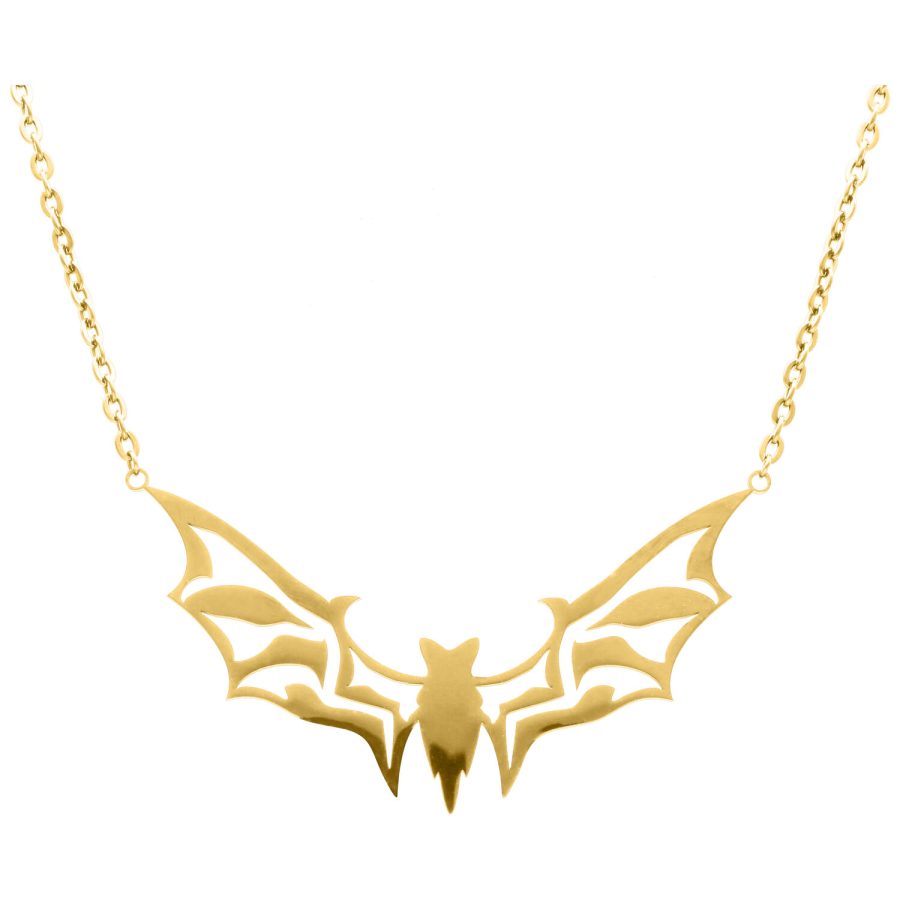 Goldene Kette mit Fledermaus-Anhänger auf weißem Hintergrund