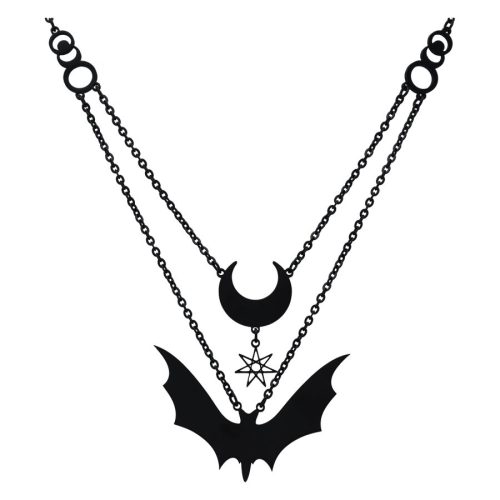 Schwarze Kette mit Halbmond- und Fledermaus-Anhänger auf weißem Hintergrund