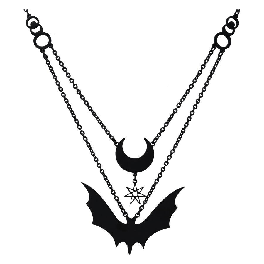 Schwarze Kette mit Halbmond- und Fledermaus-Anhänger auf weißem Hintergrund