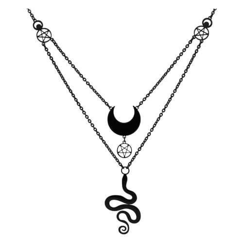 Zweireihige schwarze Kette aus Chirurgenstahl mit Mond- und Schlangenanhänger auf weißem Hintergrund