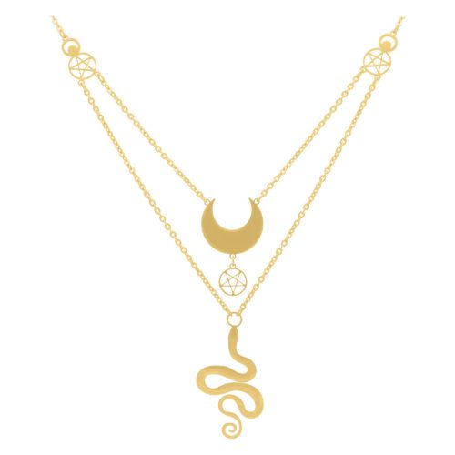 Zweireihige goldene Kette mit Halbmond und Schlangenanhänger auf weißem Hintergrund