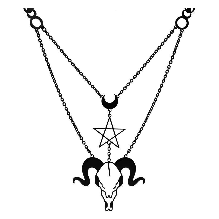 Schwarze Kette mit Widderkopf und Pentagramm auf weißem Hintergrund