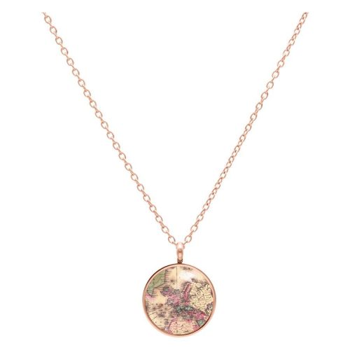 Roségoldene Kette mit rundem Anhänger, der eine Landkarte zeigt, auf weißem Hintergrund