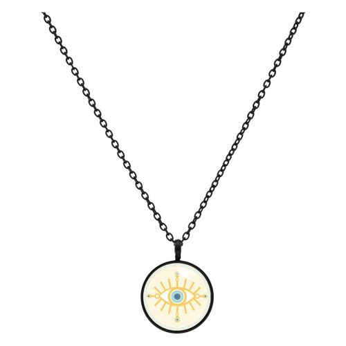 Schwarze Kette mit goldenem Auge-Anhänger auf weißem Hintergrund