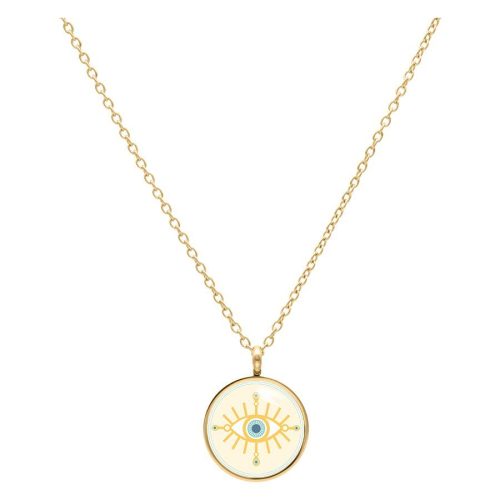 Goldene Kette mit einem runden Anhänger und einem blauen Auge auf weißem Hintergrund