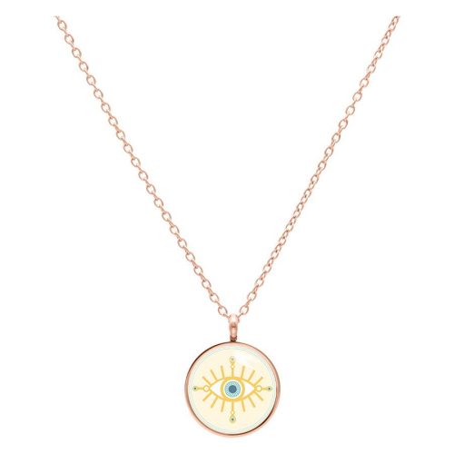 Kette aus Roségold mit rundem Anhänger und goldenem Auge auf weißem Hintergrund