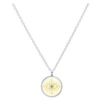 Kette mit rundem Anhänger, goldenes Auge, silberne Kette, weißer Hintergrund