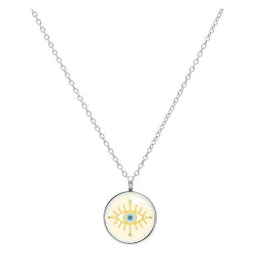 Kette mit rundem Anhänger, goldenes Auge, silberne Kette, weißer Hintergrund