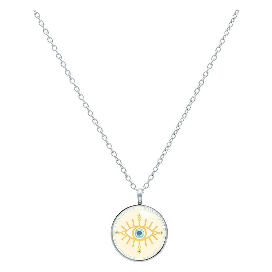 Kette mit rundem Anhänger, goldenes Auge, silberne Kette, weißer Hintergrund