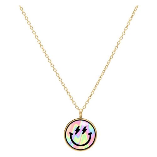 Goldene Smiley Kette mit buntem Anhänger auf weißem Hintergrund