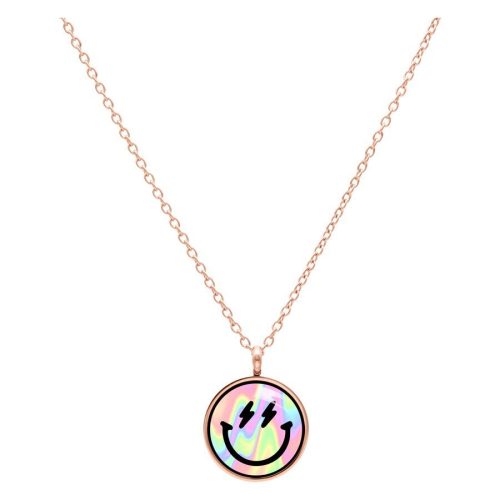 Schmuckkette in Roségold mit Smiley-Anhänger auf weißem Hintergrund