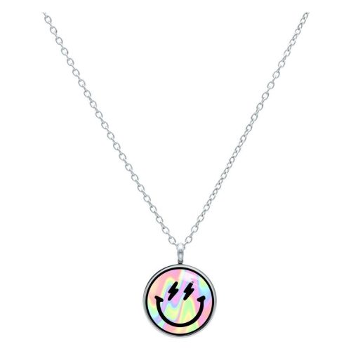 Silberne Kette mit rundem Smiley-Anhänger auf weißem Hintergrund