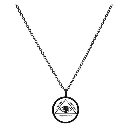 Schwarze Kette mit rundem Anhänger, Auge-Motiv, weißer Hintergrund