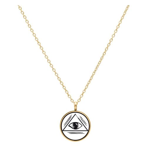 Goldene Halskette mit rundem Anhänger und Augenmotiv auf weißem Hintergrund
