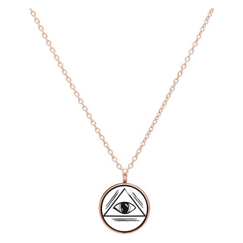 Roségoldene Kette mit rundem Anhänger und Auge-Design auf weißem Hintergrund