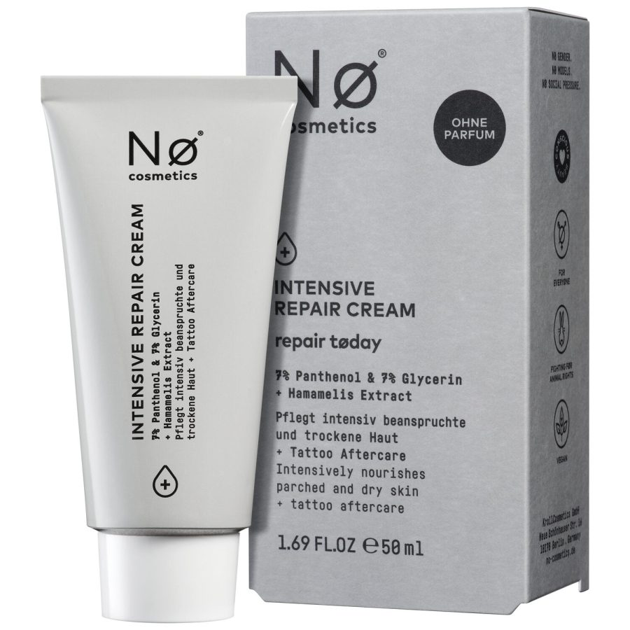 Graue Tube der No Cosmetics Intensiv Repair Cream neben grauer Verpackung