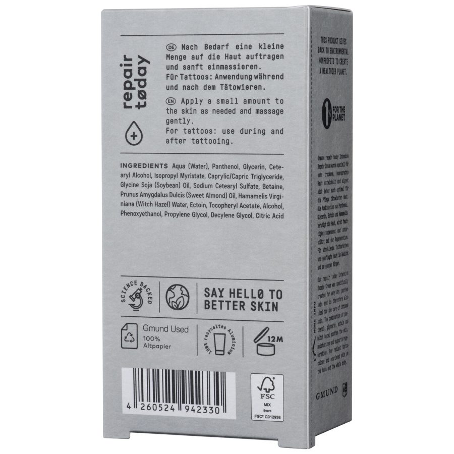 Graue Verpackung der No Cosmetics Intensiv Repair Cream mit Text und Symbolen